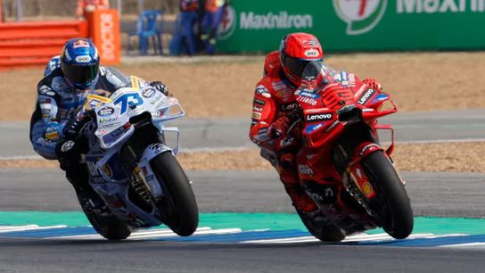 Marc Márquez (right) of Ducati Lenovo ahead of his brother, Alex Márquez of Gresini Racing during the Thailand Grand Prix. Marc Márquez (right) of Ducati Lenovo ahead of his brother, Alex Márquez of Gresini Racing during the Thailand Grand Prix.