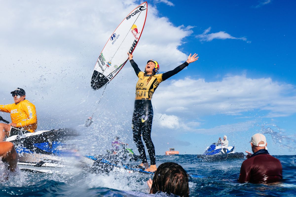 Molly Picklum of Australia after winning the 2025 World Title after Title Match 3 at the Lexus WSL Finals Fiji on September 2, 2025 at Cloudbreak, Tavarua, Fiji.