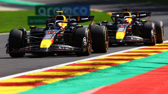 Sergio Perez of Mexico driving the (11) Oracle Red Bull Racing RB20 leads Max Verstappen of the Netherlands driving the (1) Oracle Red Bull Racing RB20 during the F1 Grand Prix of Belgium at Circuit de Spa-Francorchamps on July 28, 2024 in Spa, Belgium.