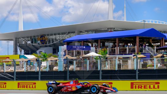 Scuderia Ferrari driver Carlos Sainz of Spain drives during the first practice session of the Formula 1 Crypto.com Miami Grand Prix on Friday, May 3, 2024 in Miami Gardens, Fla.