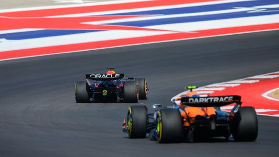 Oracle Red Bull Racing driver Max Verstappen (rear), of the Netherlands, leads McLaren Formula 1 Team driver Lando Norris (front), of the United Kingdom, through turn two during the Sprint Race of the Formula 1 U.S. Grand Prix auto race at Circuit of the Americas in Austin, Texas. Saturday, Oct. 19, 2024.