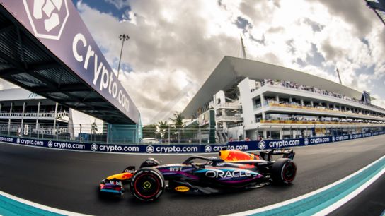 Red Bull Racing Max Verstappen races at the Miami Grand Prix.