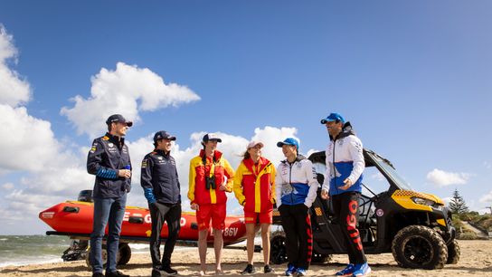 Watch! Formula One drivers race as Aussie Surf Lifeguards on a Melbourne beach (Formula 1)